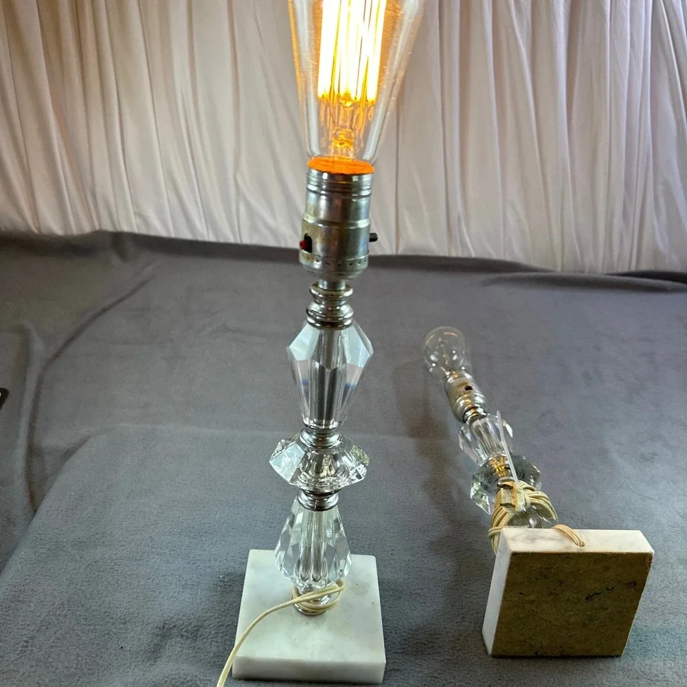 Vintage Clear Glass‎ Marble Base Boudoir Lamp Original Wiring